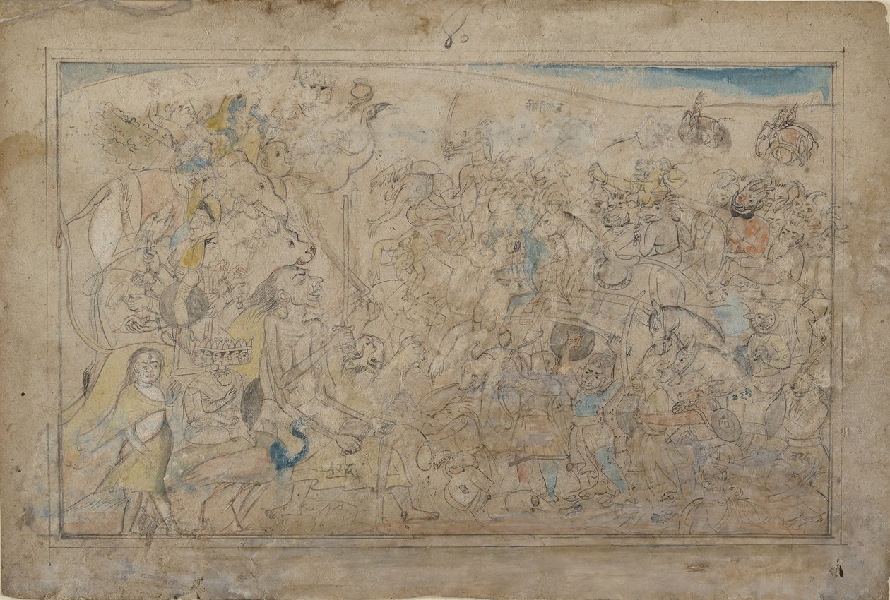 Durga, Kali en vijf Matrikas vechten tegen het Daitya-leger van de demon Shumbha..., ca. 1780 door Unbekannt