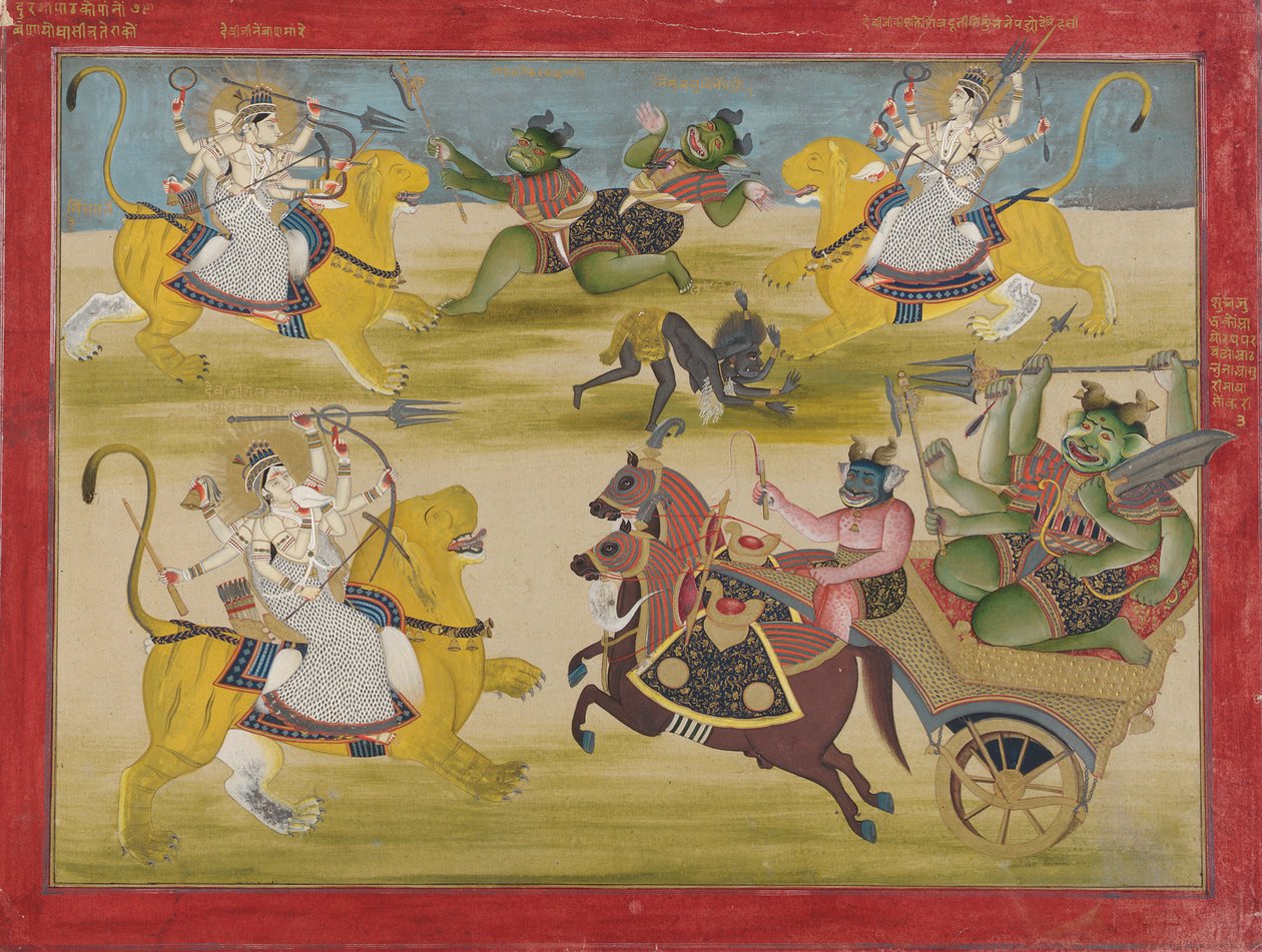 Durga vecht tegen de rakshashas Shunga en Nishunga, uit een Devi Mahatmya door Unbekannt