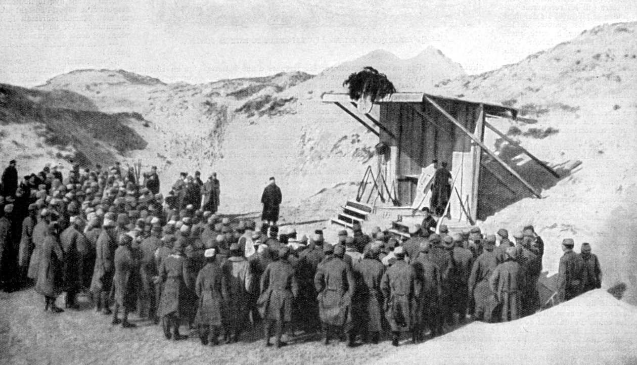 Paasmis in de duinen op de stranden van België aan de Noordzee, Eerste Wereldoorlog, 1915 door Unbekannt