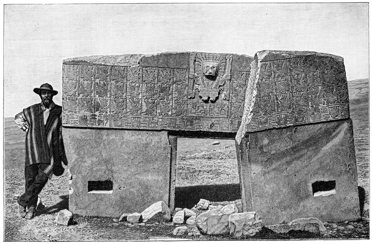 Oostelijk aspect van de monolithische poort van Akapana, Tiahuanaco, Bolivia, 1901 door Unbekannt