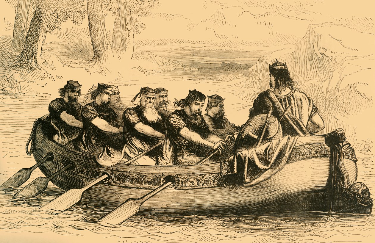 Edgar de Vredelievende wordt geroeid over de rivier Dee door Acht Tributaire Prinsen, ca. 1890 door Unbekannt