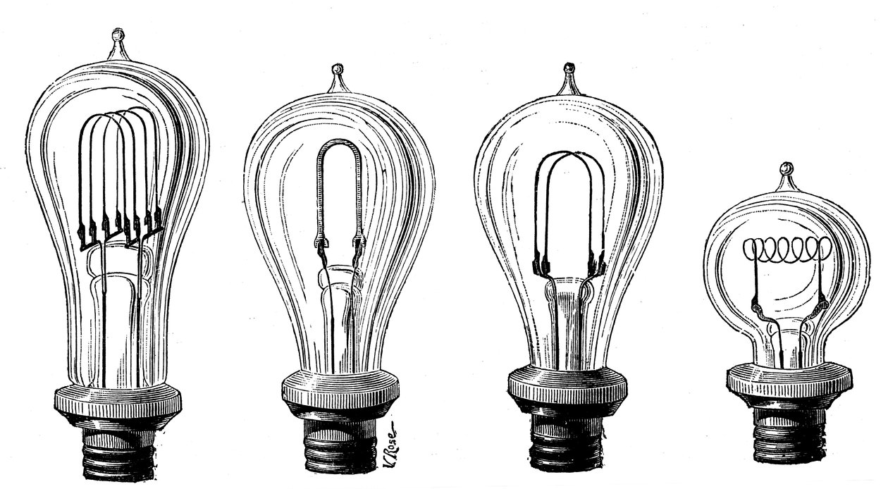 Edisons gloeilampen met verschillende vormen van koolstofdraad, 1883 door Unbekannt