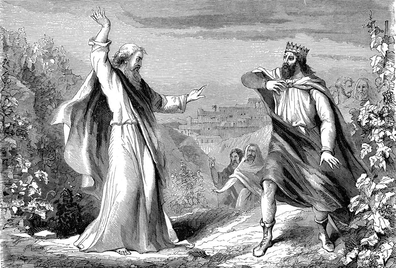Elia, profeet uit het Oude Testament, die Achab, afgodische koning van Israël, in de wijngaard van Naboth veroordeelt door Unbekannt