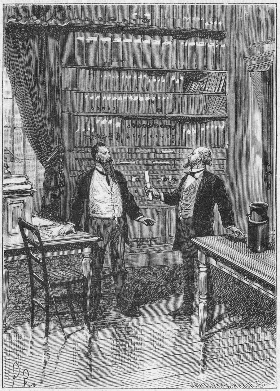 Elisha Gray, Amerikaanse uitvinder, presenteert de caveat voor zijn telefoon, 1876, c. 1890 door Unbekannt