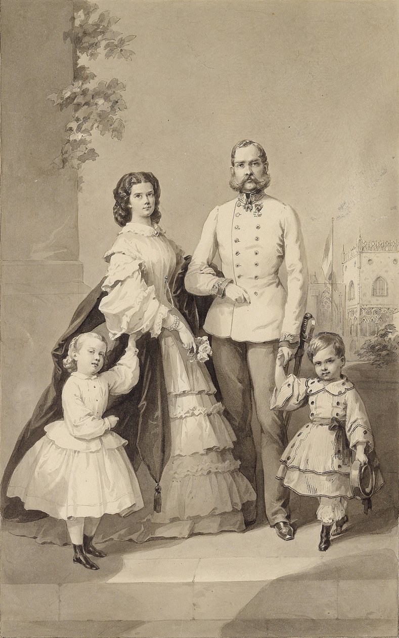 Keizer Franz Joseph I met keizerin Elisabeth en hun kinderen, ca. 1860 door Unbekannt