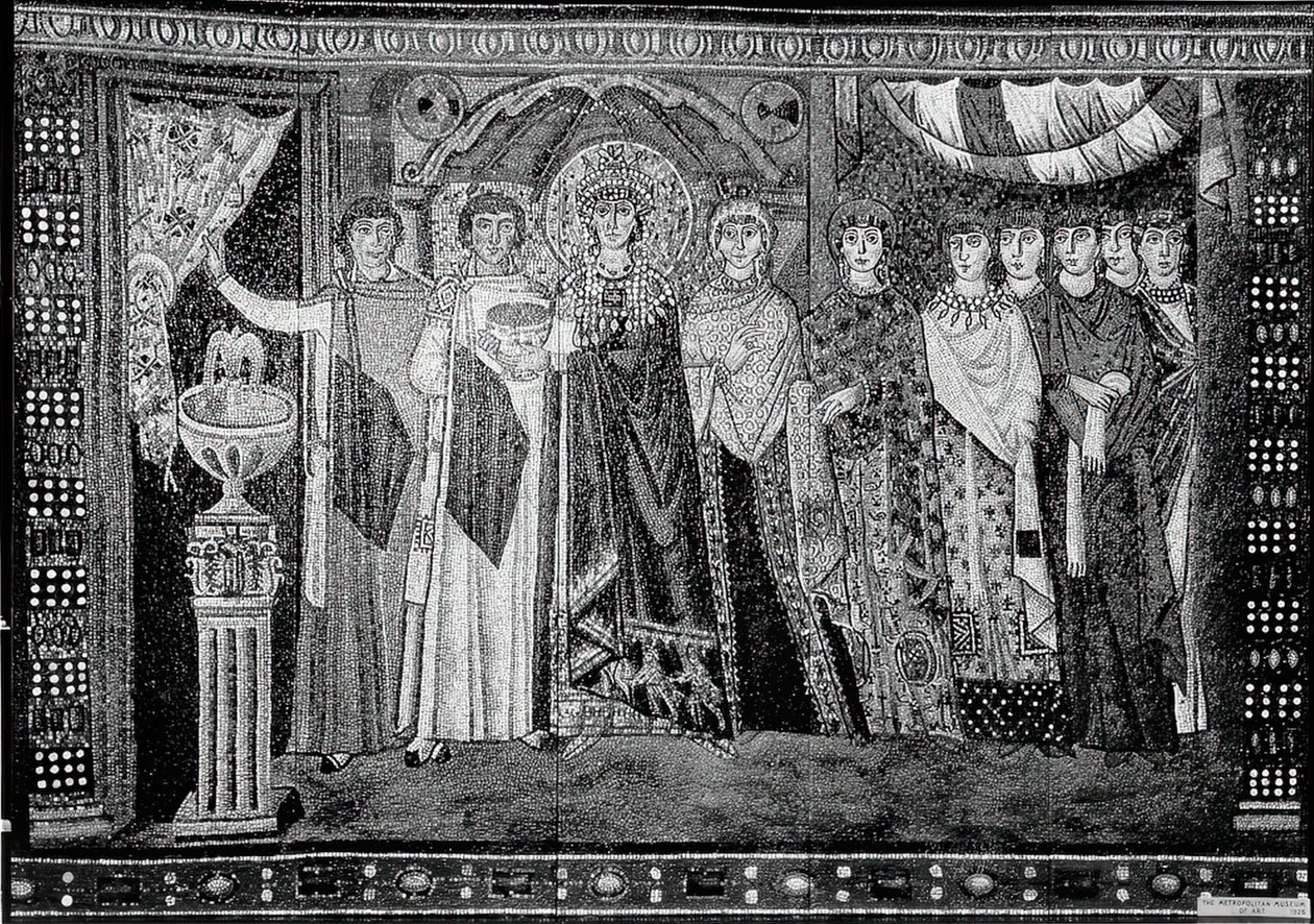 Keizerin Theodora en Leden van Haar Hof, Byzantijns, vroege 20e eeuw, origineel gedateerd 6e eeuw door Unbekannt
