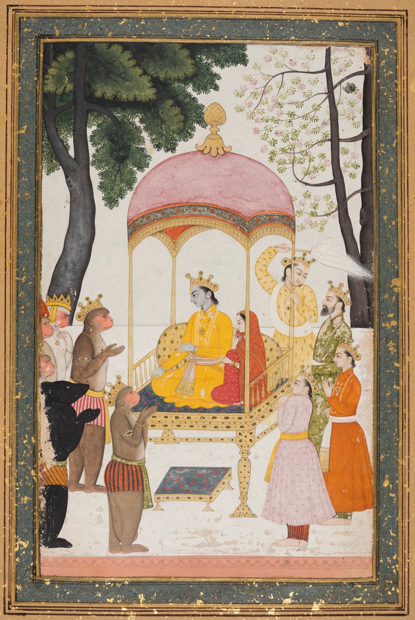 Op de Troon Zittende Rama en Sita ontvangen eerbetoon van hun aap- en beerbondgenoten, ca. 1765 door Unbekannt
