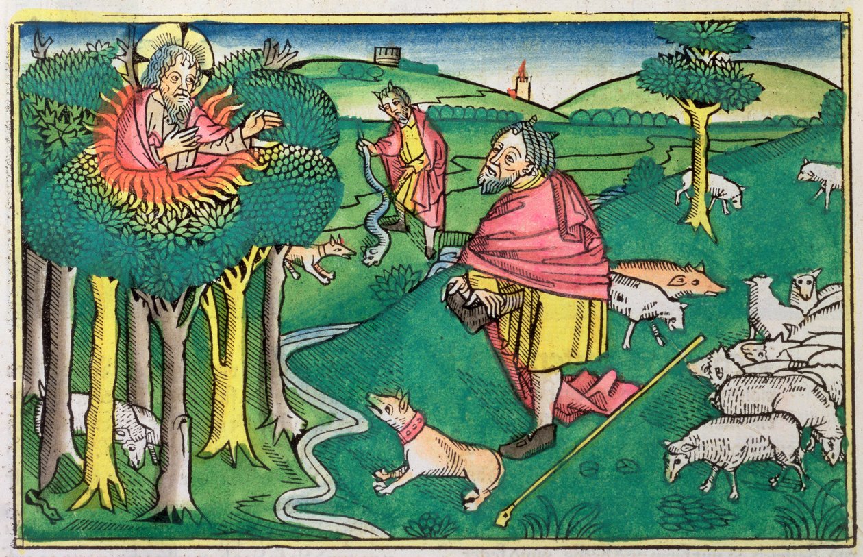Exodus 3:1-22 en 4:1-4: de brandende struik en God bewapent Mozes met de wonderbaarlijke staf door Unbekannt