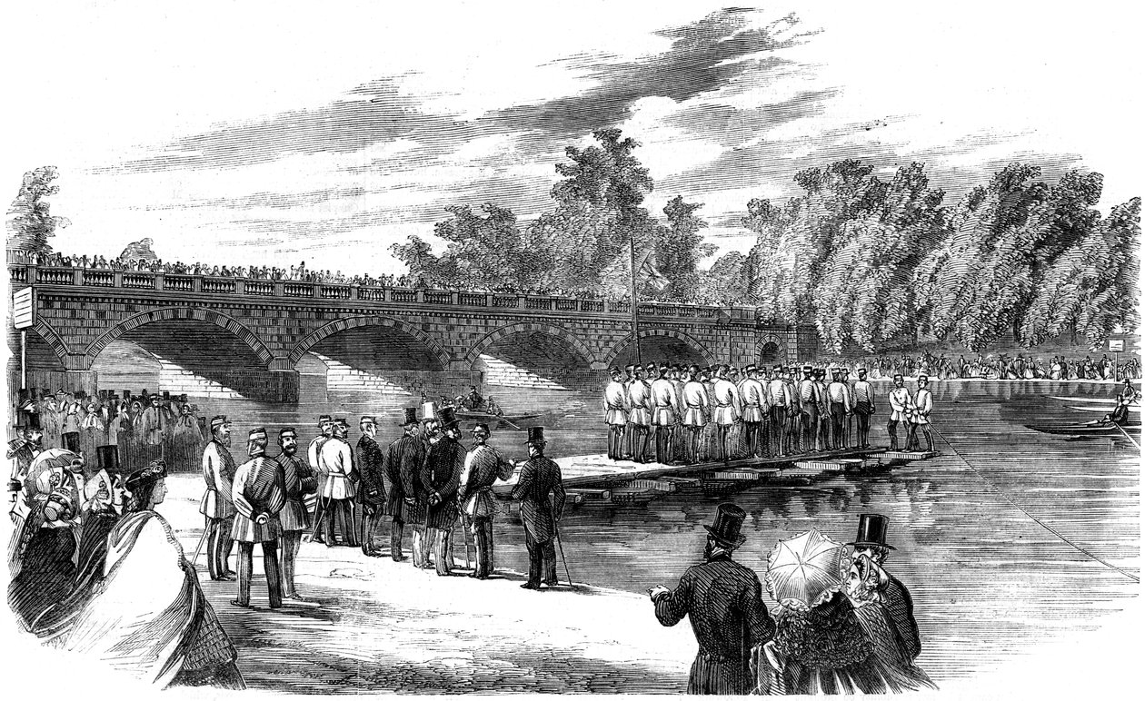 Experimenten met Kapitein Fowkes Pontonbrug op de Serpentine, Hyde Park, Londen, 1860 door Unbekannt