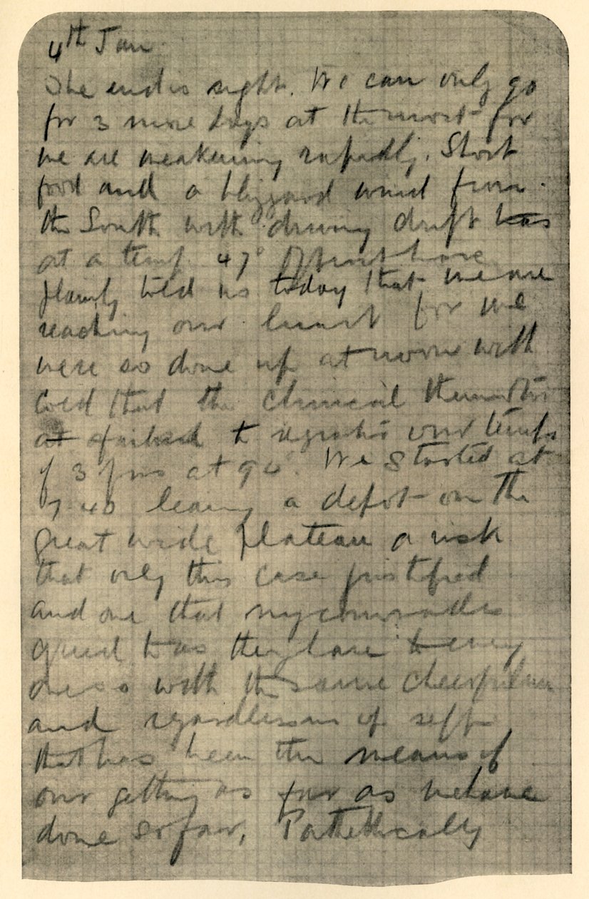 Facsimile van een pagina uit Shackletons dagboek, 4 januari 1909 door Unbekannt