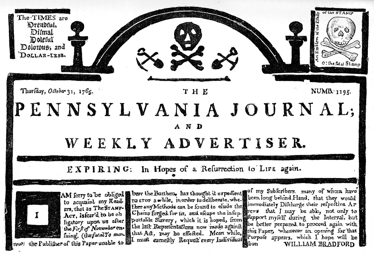 Facsimile van de Pennsylvania Journal over de Stamp Act, 1765 c1880 door Unbekannt