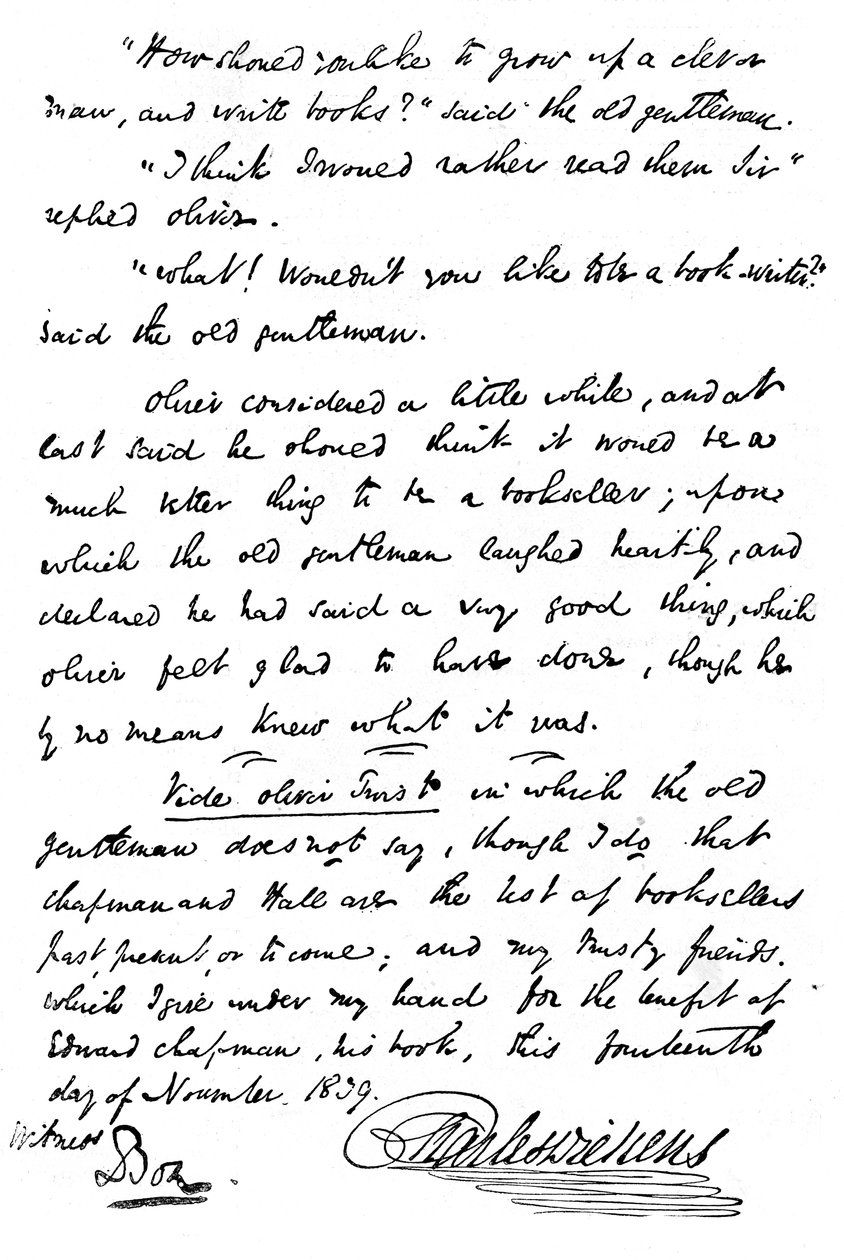 Facsimile van de inscriptie in een exemplaar van The Pickwick Papers, 1839 1912 door Unbekannt