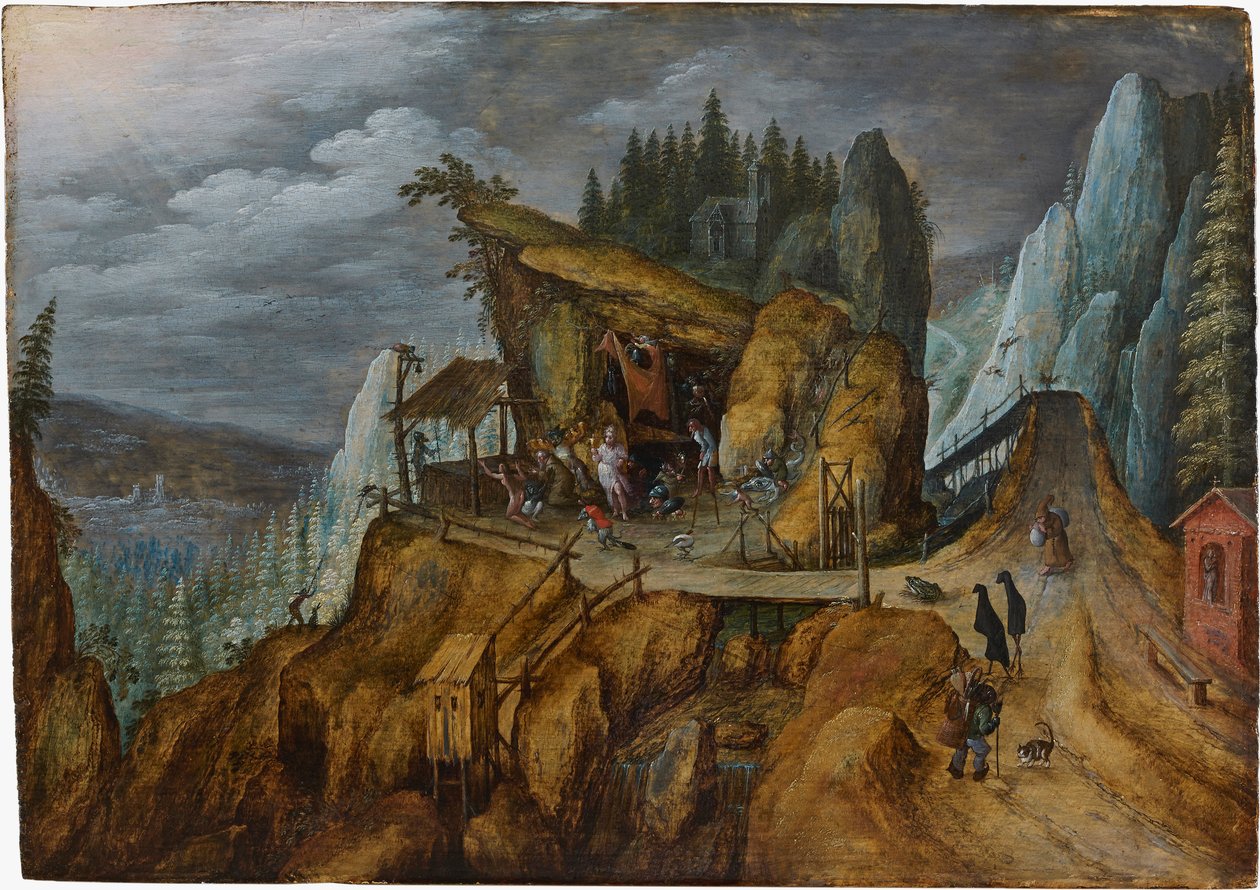 Fantastisch rotslandschap met de Verzoeking van Sint Antonius, 1600 door Unbekannt