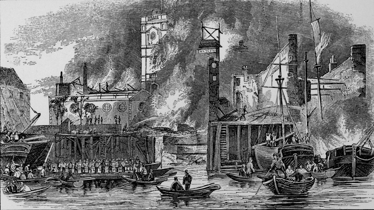Brand bij Toppings Wharf, London Bridge, 1843, c1843, 1912 door Unbekannt