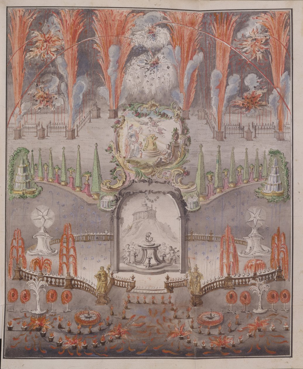 Vuurwerk en verlichting op 17 september 1747 in Gostilitsy, midden 18e eeuw door Unbekannt
