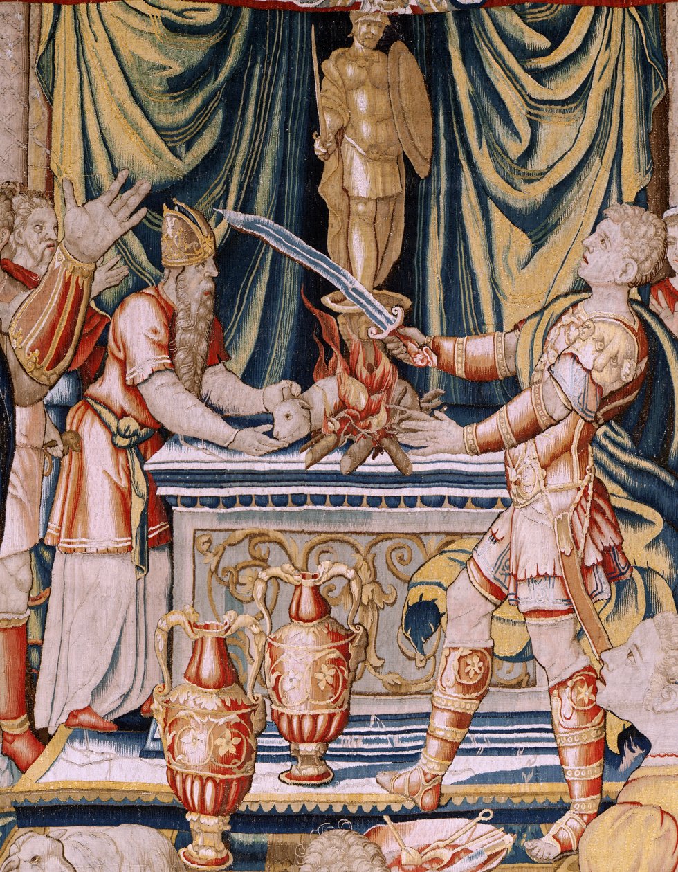 Vlaamse wandtapijt. Serie De Geschiedenis van Hannibal. Hannibals eed. Eerste wandtapijt in de serie. Cartoons anonieme meester van Nederland. Fabricage Brusselse werkplaatsen. Ca 1570. Stof Wol en zijde door Unbekannt