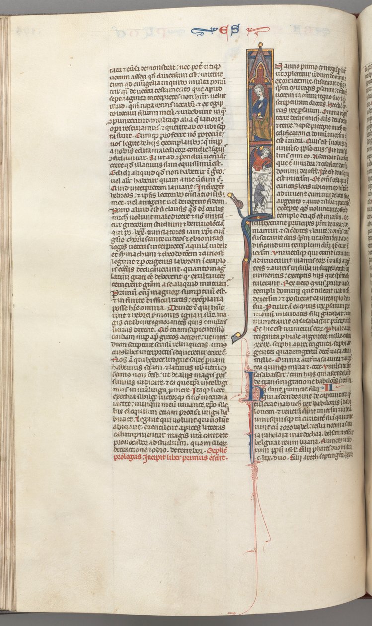 Fol. 174v, Ezra, gehistorieerde initiaal I, Cyrus die de bouw van de tempel leidt, ca. 1275-1300 door Unbekannt
