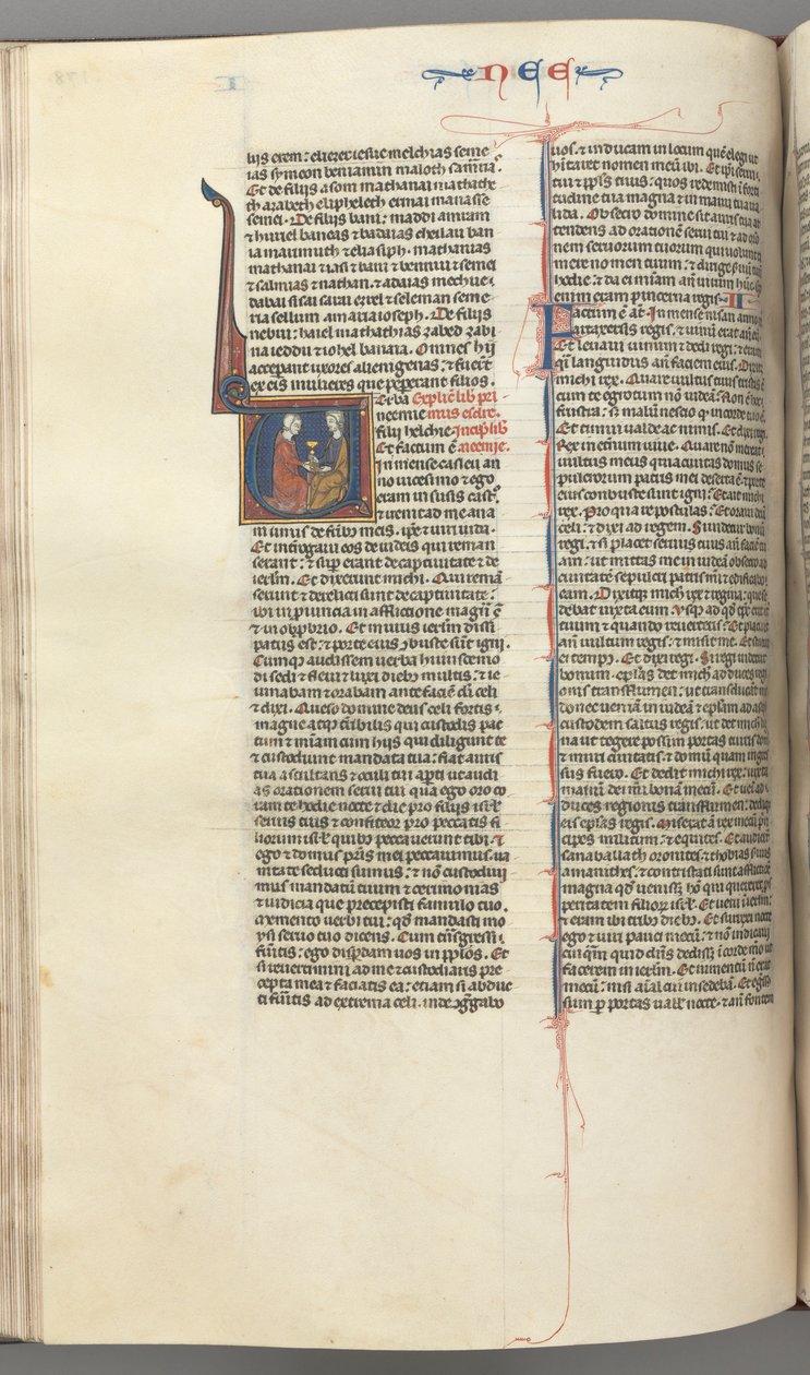 Fol. 178v, Nehemia, geïllustreerde initiaal V, Nehemia presenteert de gouden beker aan Artaxerxes, ca. 127 door Unbekannt