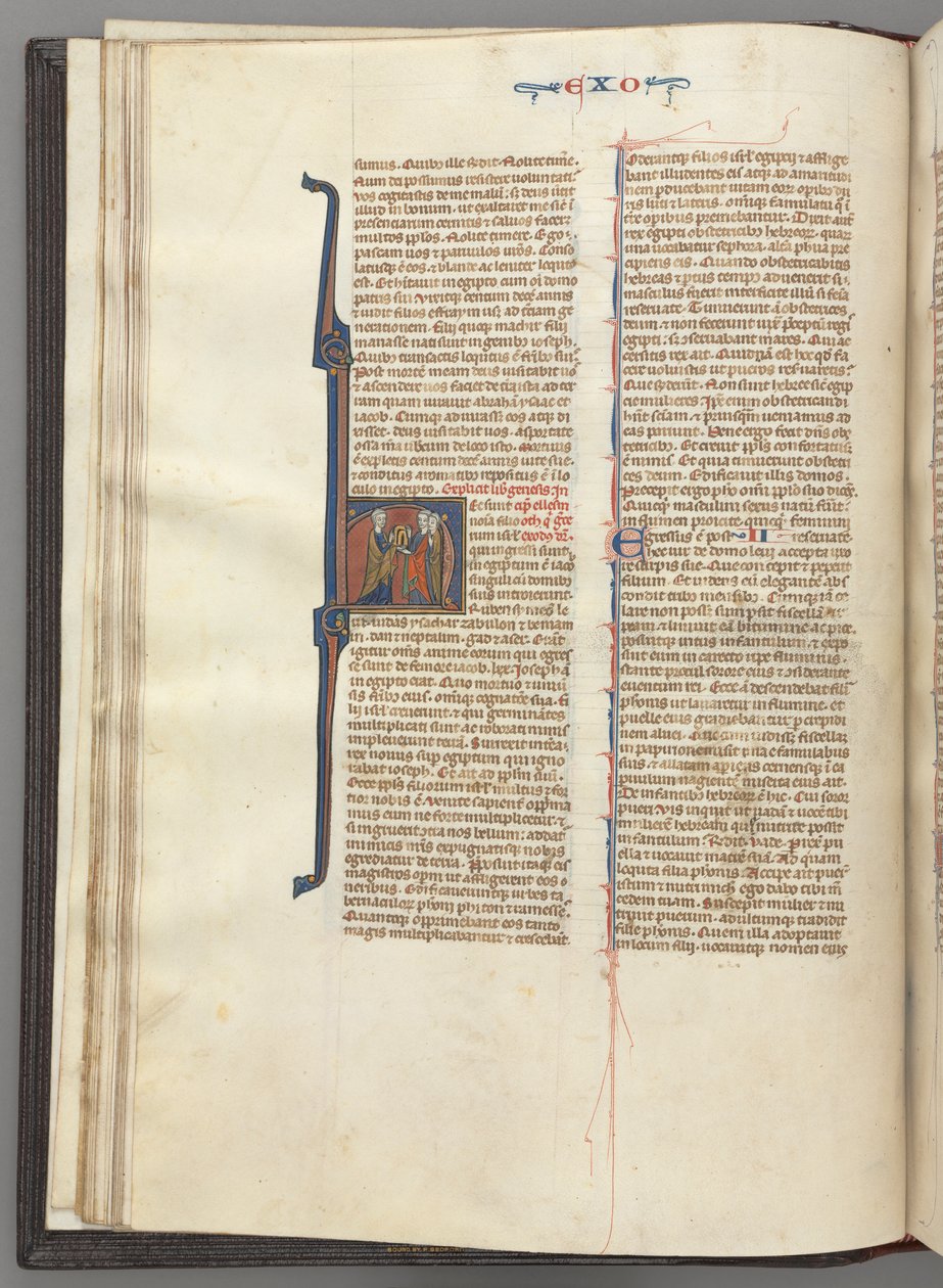 Fol. 20v, Exodus, gehistorieerde initiaal H, Mozes en twee volgelingen met de tafelen van de wet door Unbekannt