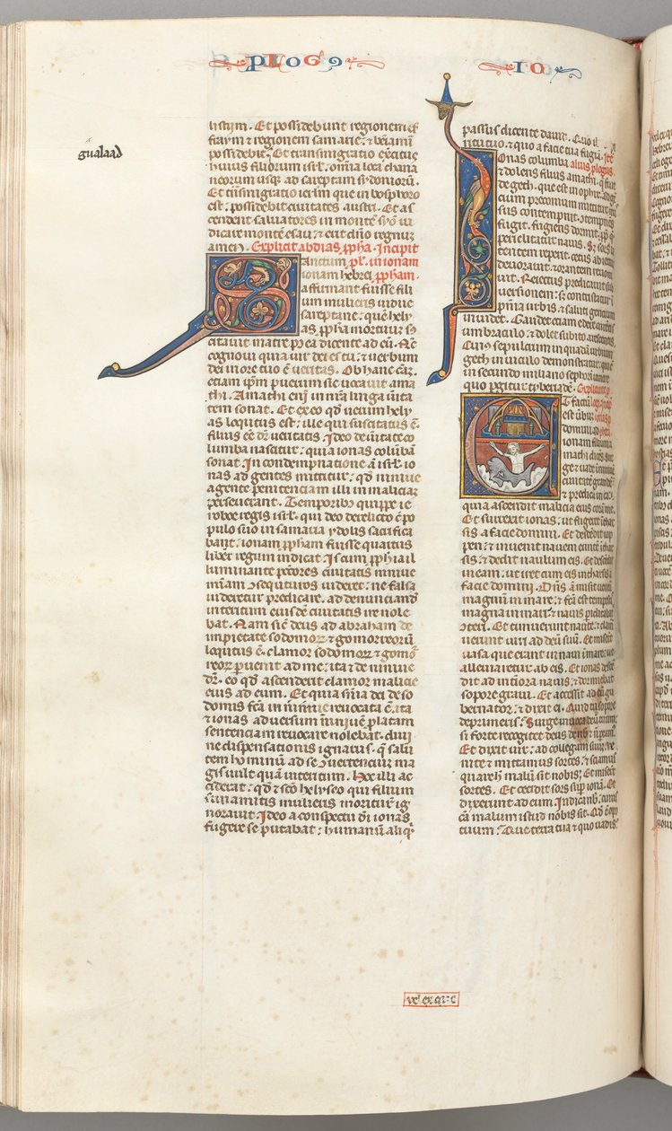Fol. 357v, Jona, gehistorieerde initiaal E, Jona opgeslokt door de walvis, een ommuurde stad erboven door Unbekannt