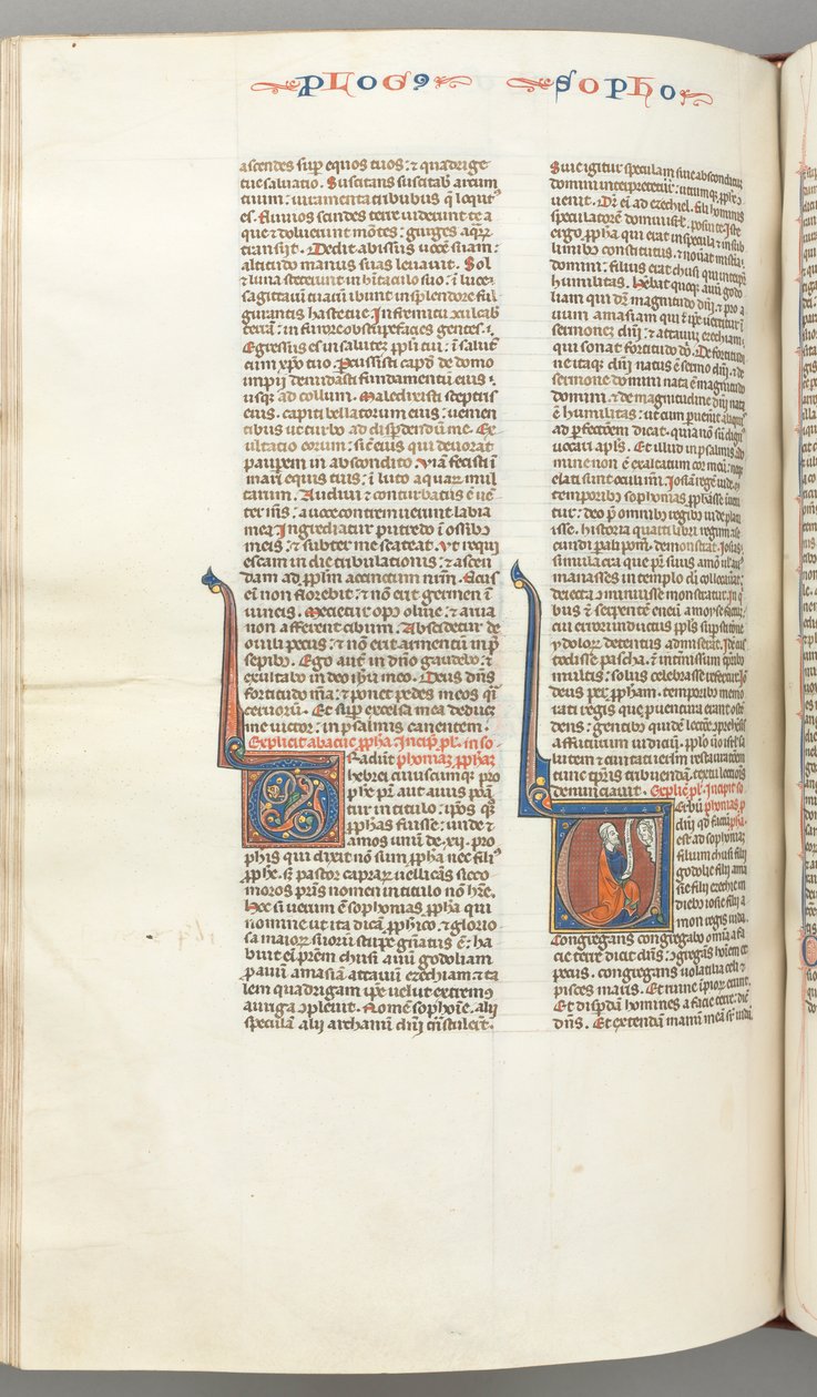 Fol. 362v, Zephaniah, gehistorieerde initiaal V, Zephaniah knielend met een rol, buste van God..., ca. 12e eeuw door Unbekannt