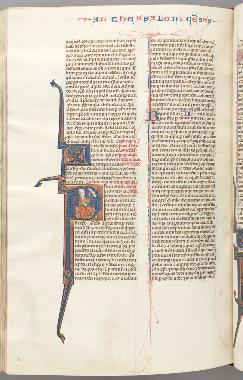 Fol. 455v, Thessalonicenzen II, gehistorieerde initiaal P, Paulus zittend met een zwaard, circa 1275-1300 door Unbekannt