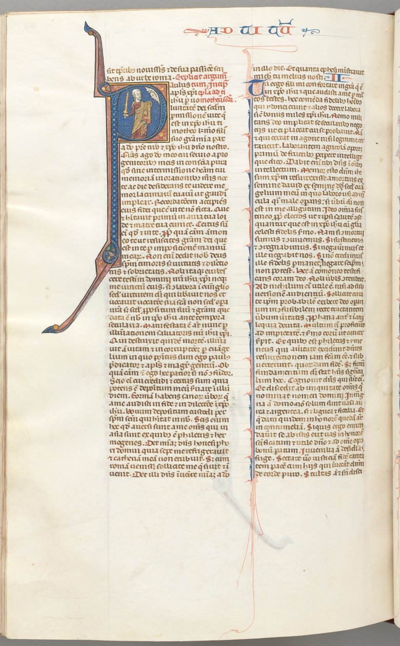 Fol. 457v, Timoteüs II, gehistorieerde initiaal P, Paulus spreekt tot de buste van God boven, ca. 1275-1300 door Unbekannt