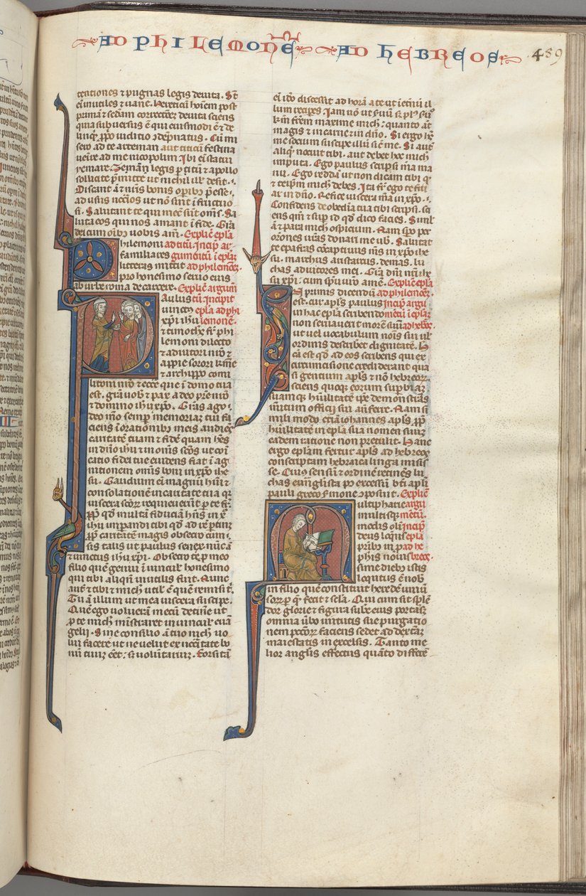 Fol. 459r, Philemon, gehistorieerde initiaal P, Paulus spreekt drie mannen en Hebreeën aan door Unbekannt