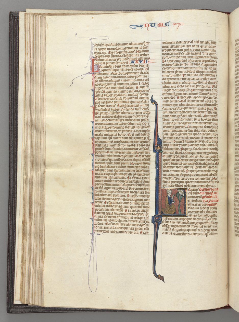 Fol. 46v, Numeri, gehistorieerde initiaal L, Mozes met hoorns, knielend voor God, ca. 1275-1300 door Unbekannt