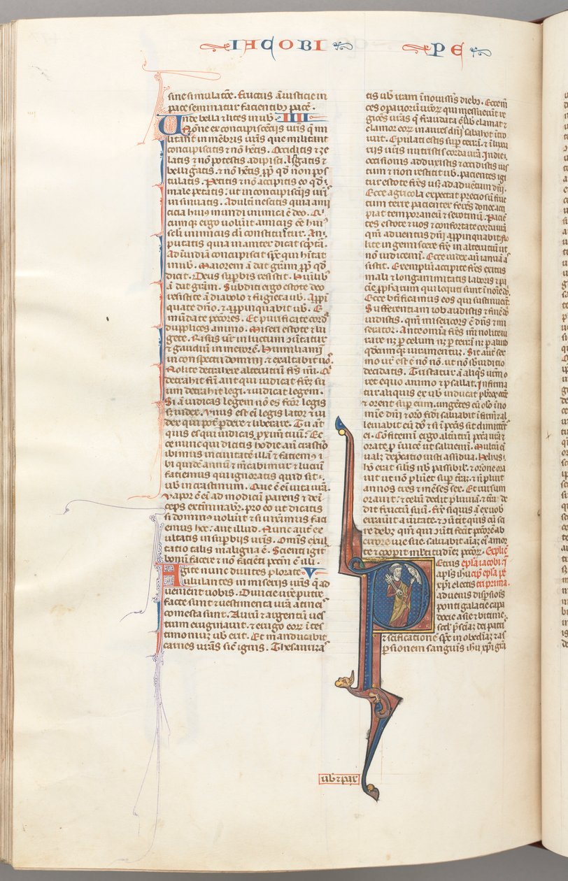 Fol. 477v, Petrus, gehistorieerde initiaal P, Petrus met een sleutel, pratend met de buste van God boven, ca. 1275 door Unbekannt
