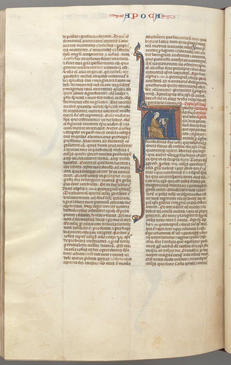 Fol. 482v, Openbaringen, gehistorieerde initiaal A, Johannes zittend aan een bureau schrijvend..., ca. 1275-1300 door Unbekannt