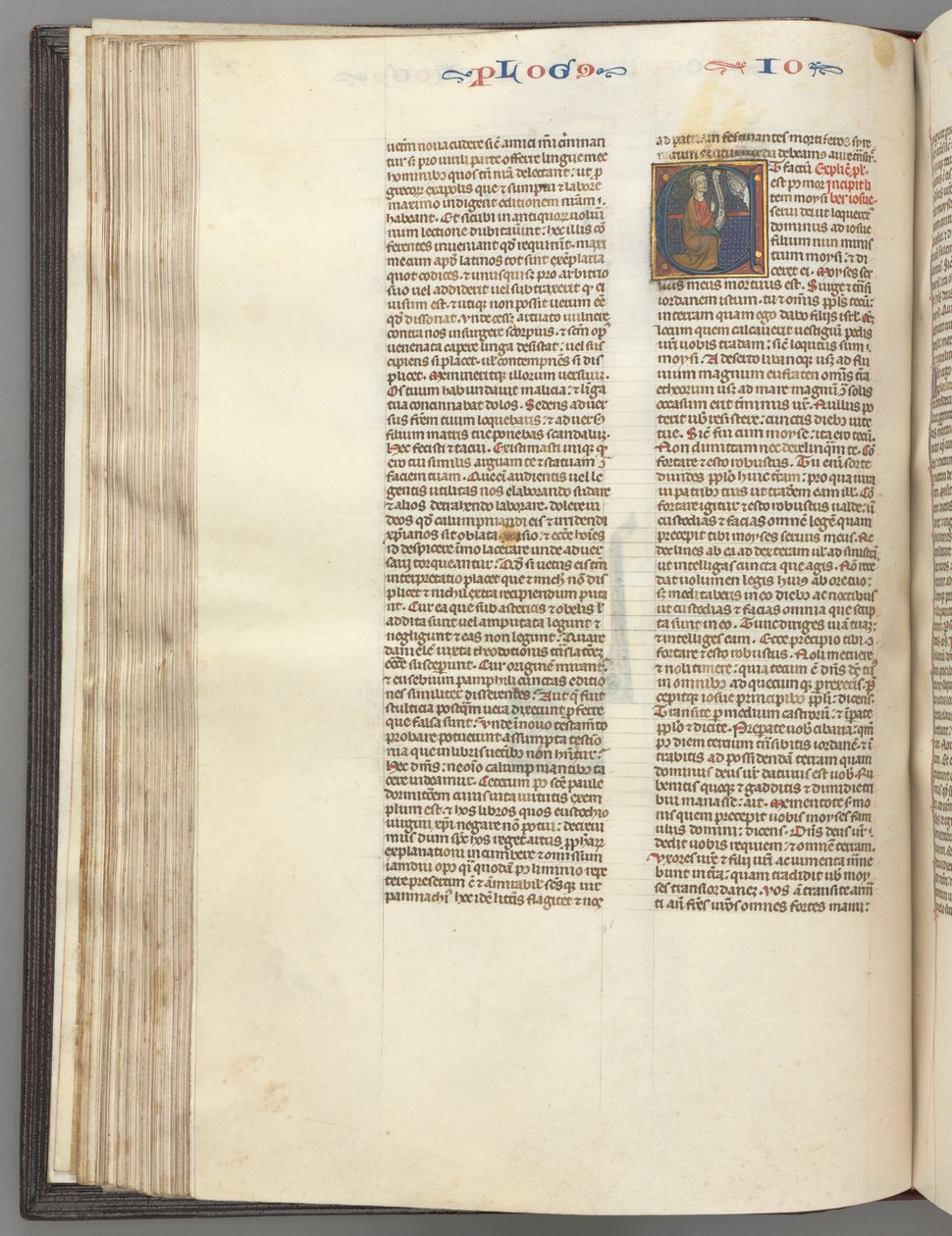 Fol. 76v, Jozua, gehistorieerde initiaal E, Jozua met een rol knielend voor God door Unbekannt