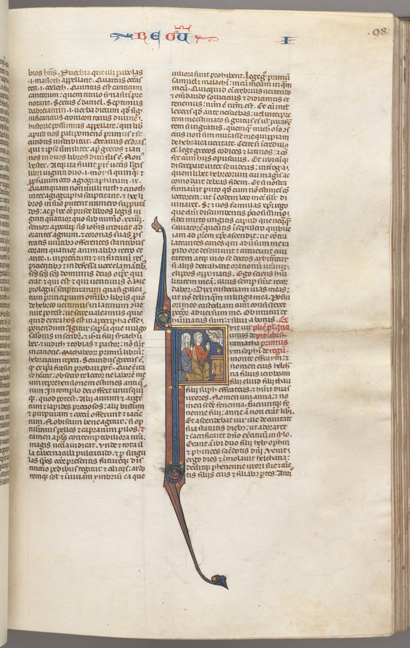 Fol. 98r, Koningen I, gehistorieerde initiaal F, Elkanah en Hannah knielend voor een altaar..., ca. 1275-1300 door Unbekannt