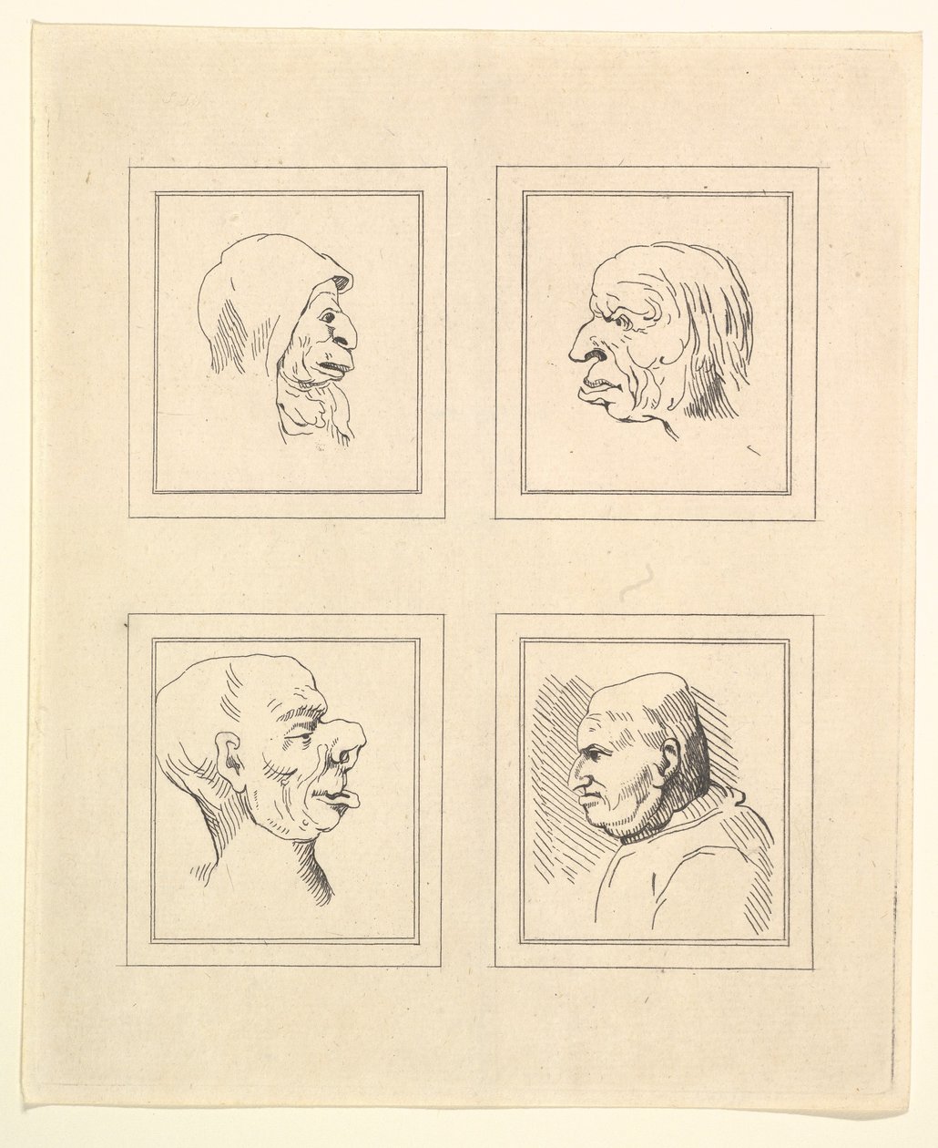 Vier hoofden uit Characaturas door Leonardo da Vinci, naar tekeningen van Wincelslaus Hollar, 1786 door Unbekannt