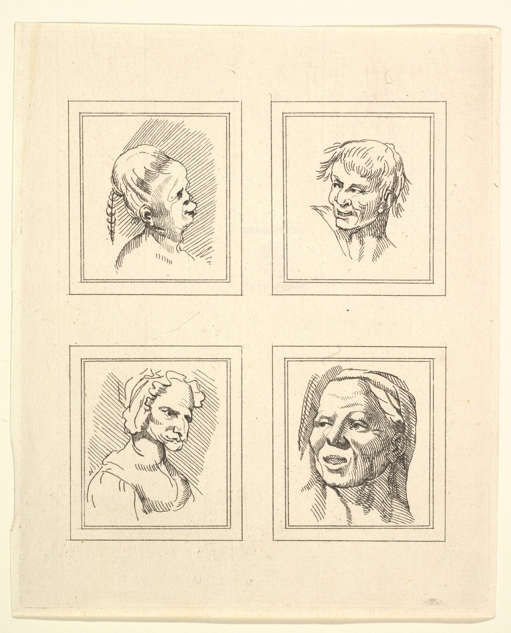 Vier hoofden uit Characaturas door Leonardo da Vinci, uit tekeningen door Wincelslaus Hollar door Unbekannt