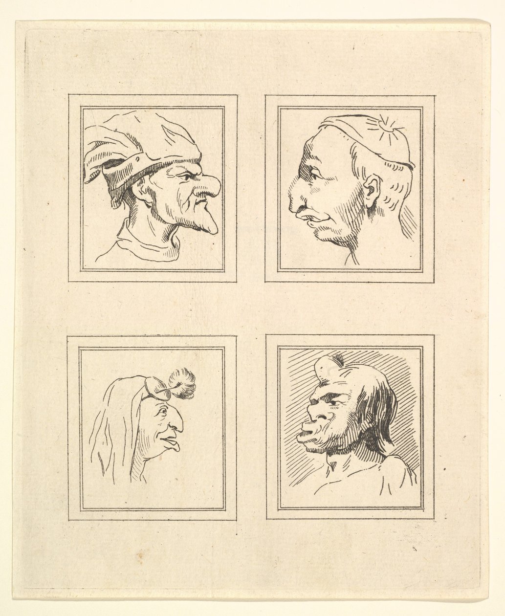Vier Hoofden uit Karikaturen door Leonardo da Vinci, uit Tekeningen door Wincelslaus Hollar, o..., 1786 door Unbekannt