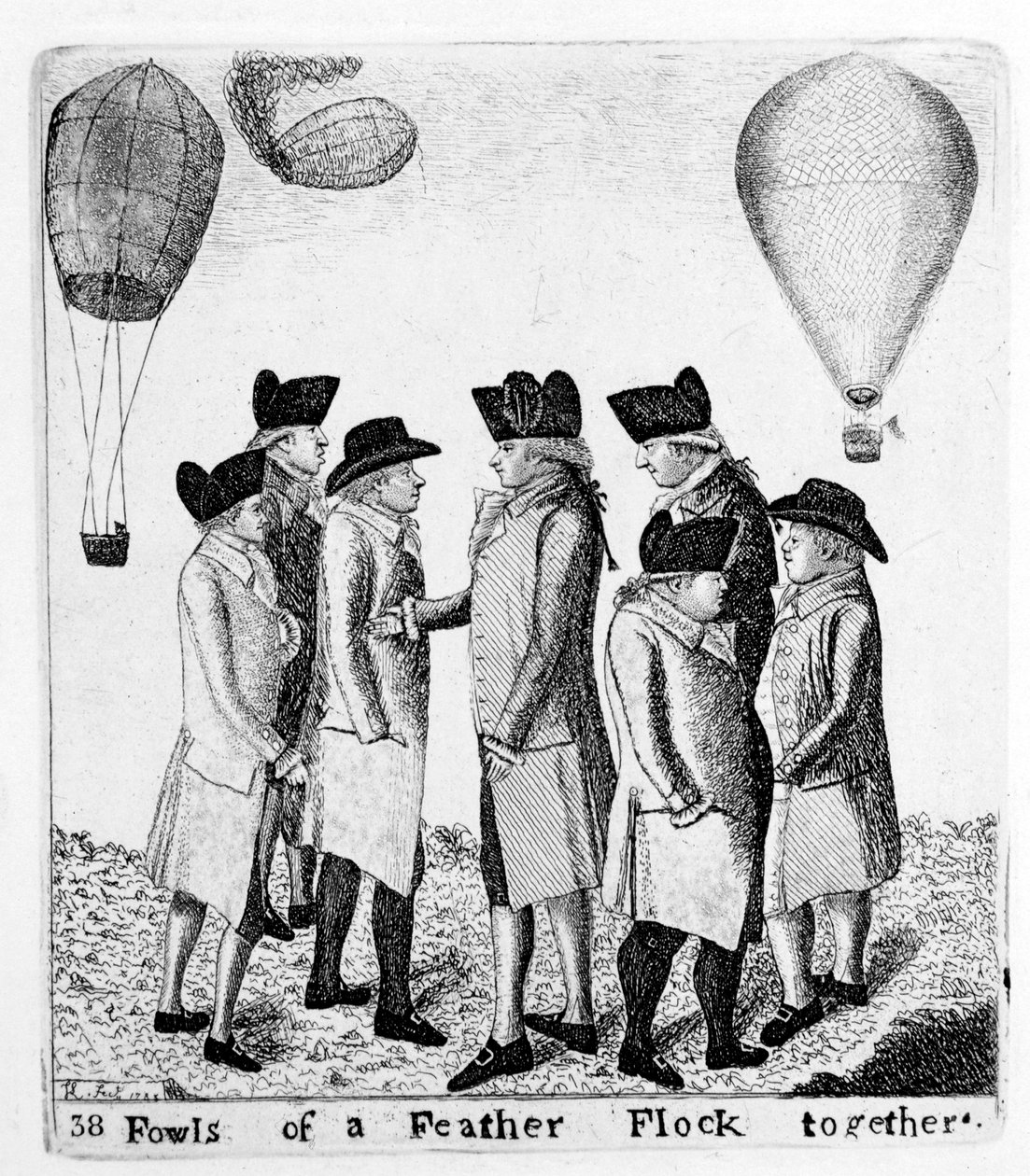Vogels van een Veer Vliegen Samen, een groep luchtvaarders, ca. 1785 door Unbekannt
