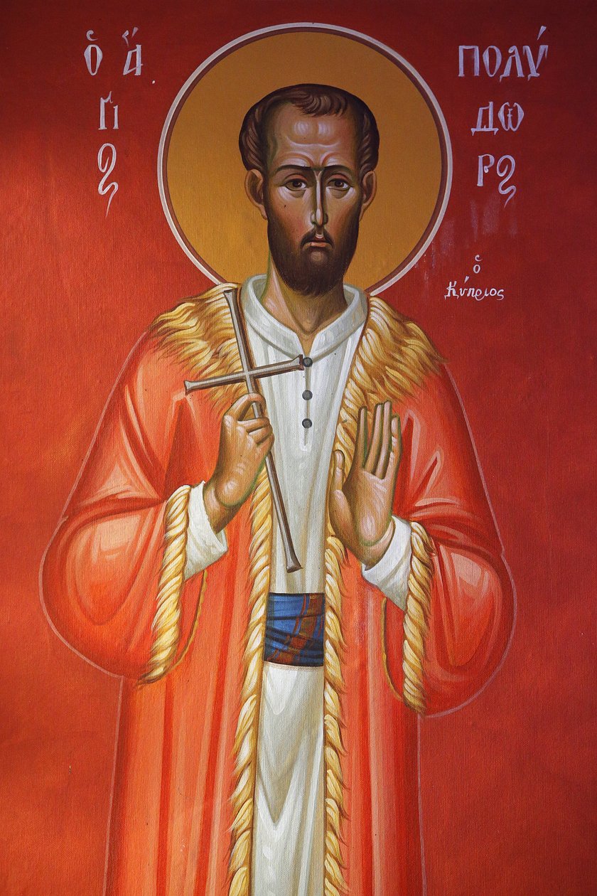 Fresco in Heilig Kruiskerk, Pedoulas. Sint Polydor van Cyprus, Pedoulas, Cyprus door Unbekannt