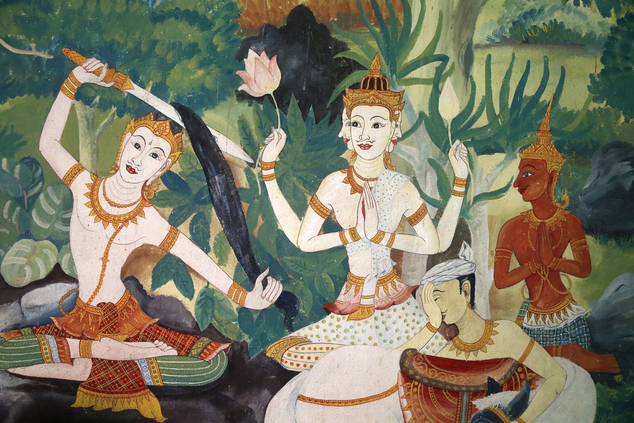 Fresco in Wat Ampharam, Hua Hin, Thailand. Boeddha knipt zijn haar en doet afstand van zijn vroegere leven. door Unbekannt
