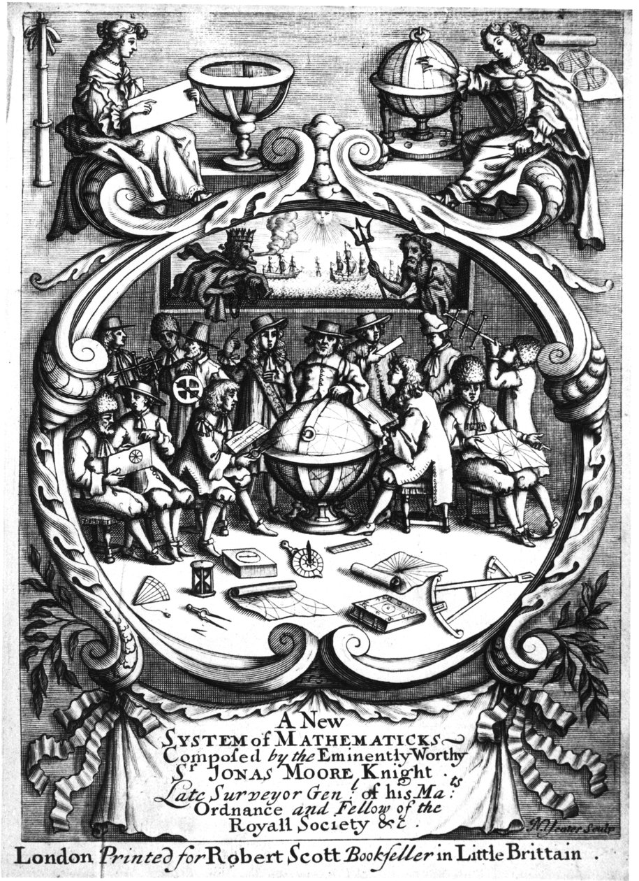 Frontispice van A New System of Mathematicks door Jonas Moore, 1681 door Unbekannt