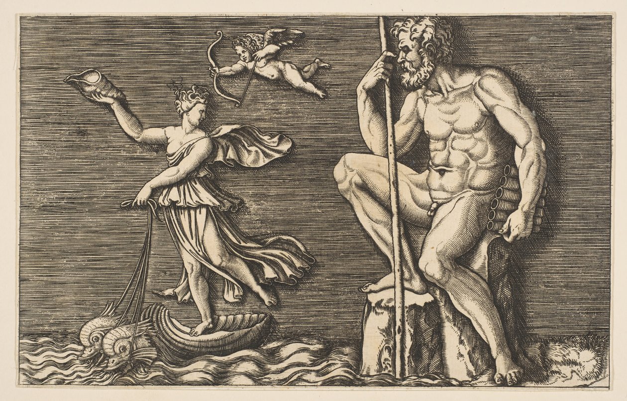 Galatea ontsnapt aan Polyphemus, hij zit op een rots met een staf en pijpen, ca. 1515-1600 door Unbekannt