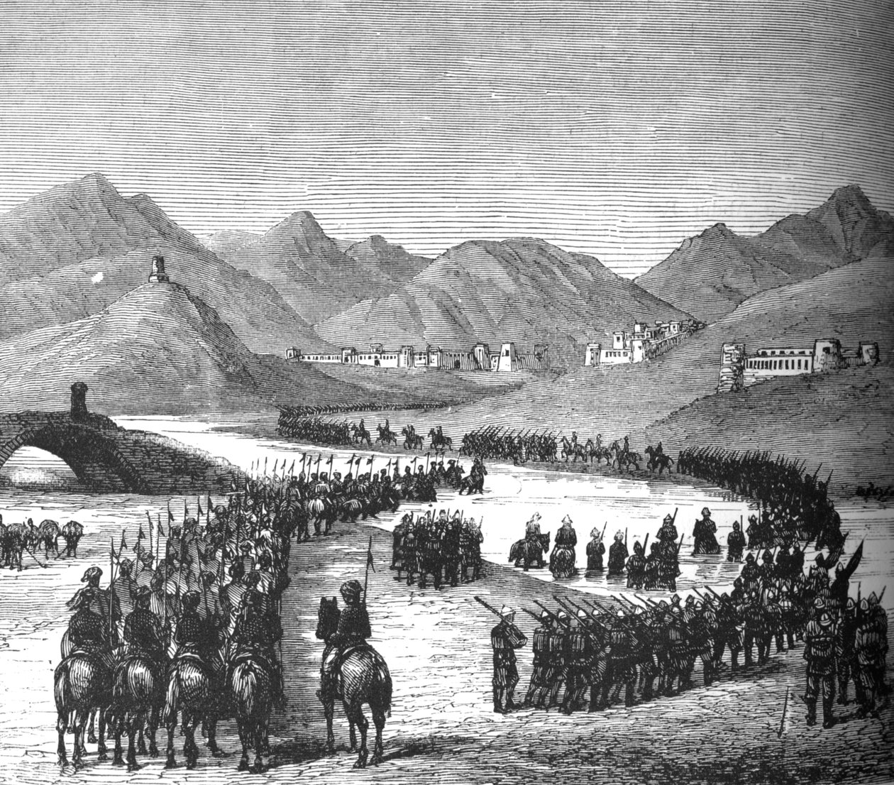 Divisie van generaal Ross steekt de Logar-rivier over op weg om Sir Donald Stewart te ontmoeten, ca. 1880 door Unbekannt
