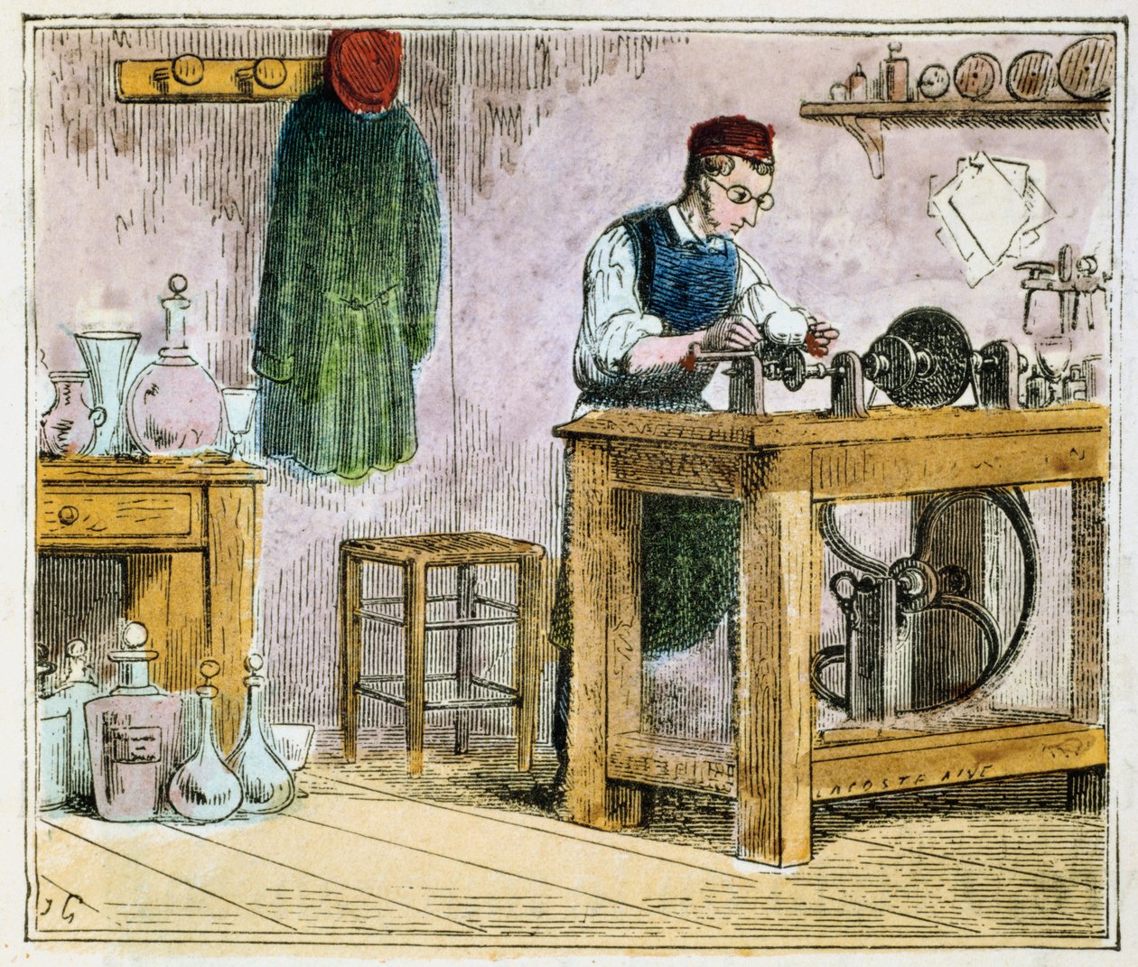 Glasbewerker die tafelgerei decoreert op een carborundum wiel, 1867 door Unbekannt