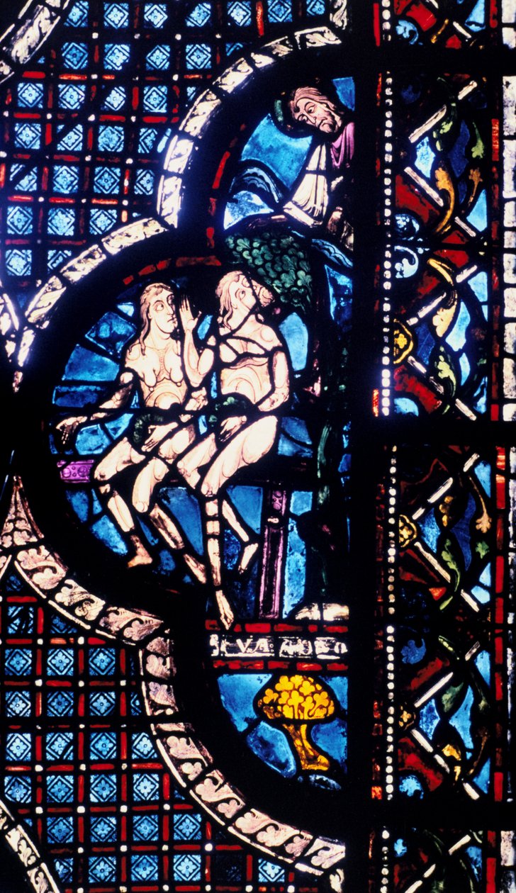 God confronteert Adam en Eva, glas-in-lood, kathedraal van Chartres, Frankrijk, 1205-1215 door Unbekannt