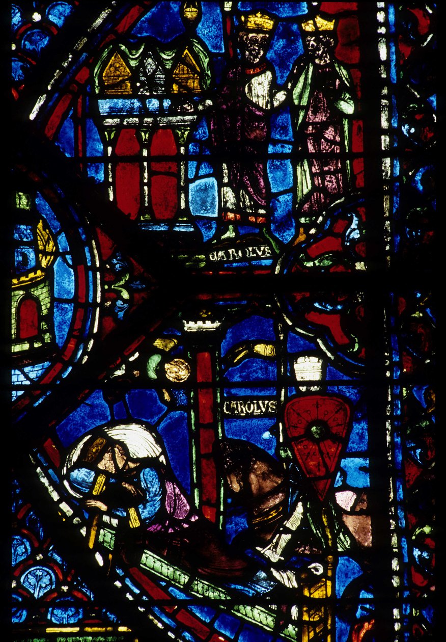 Gotische architectuur. Geschiedenis van Karel de Grote (detail): Karel de Grote ontvangt 3 jachten (boven) en Visie van Constantijn (I, keizer Byzantijns). Glas-in-lood van de noordelijke omgang, absidaal. Kathedraal van Chartres. door Unbekannt