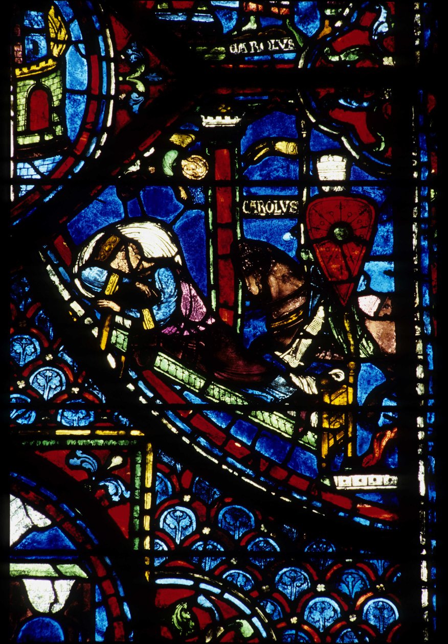 Gotische architectuur. Histoire de Charlemagne (detail): Visioen van Constantijn. Glas-in-lood van de noordelijke omgang, absidaal. Kathedraal van Chartres. door Unbekannt
