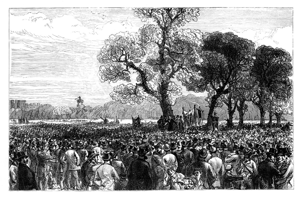 Grote demonstratie bij de Reformers Tree in Hyde Park, Londen, midden 19e eeuw door Unbekannt