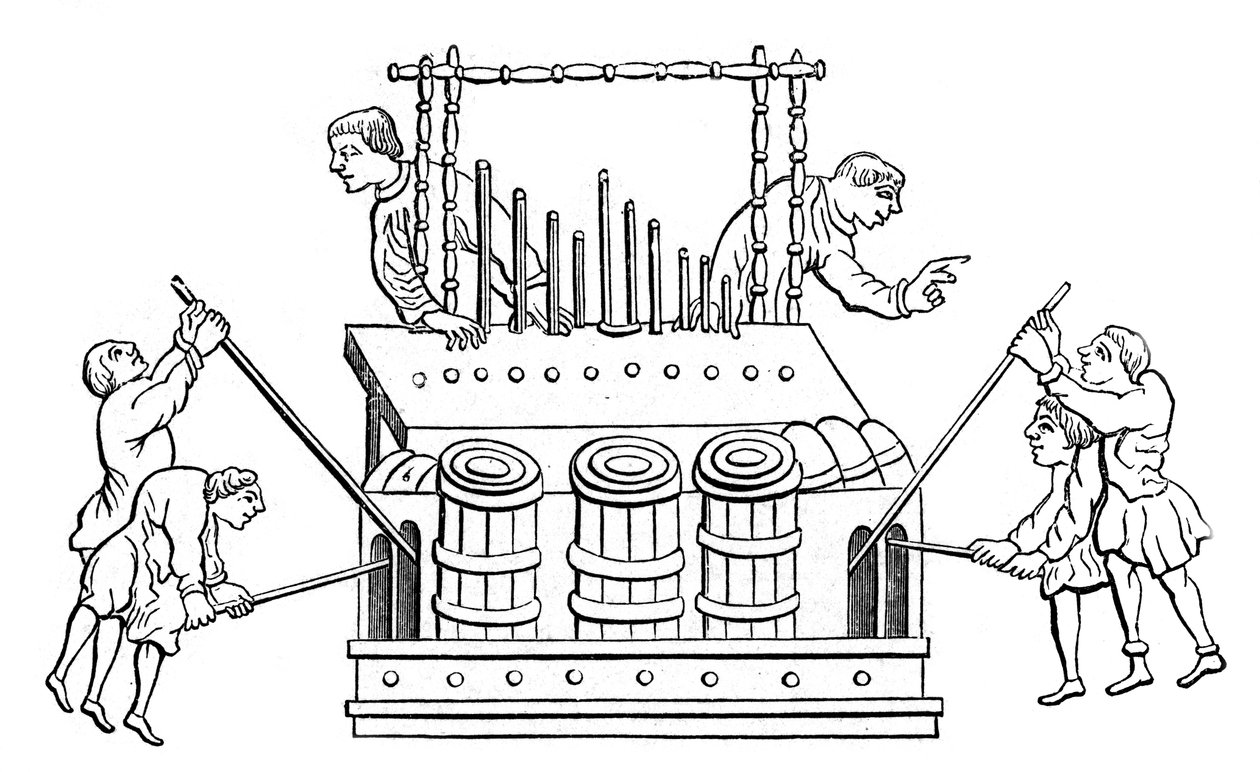 Groot orgel met blaasbalgen en dubbel toetsenbord, 12e eeuw, 1870 door Unbekannt