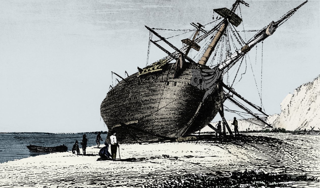 HMS Beagle aan wal gelegd, Rio Santa Cruz, Patagonië, Zuid-Amerika door Unbekannt