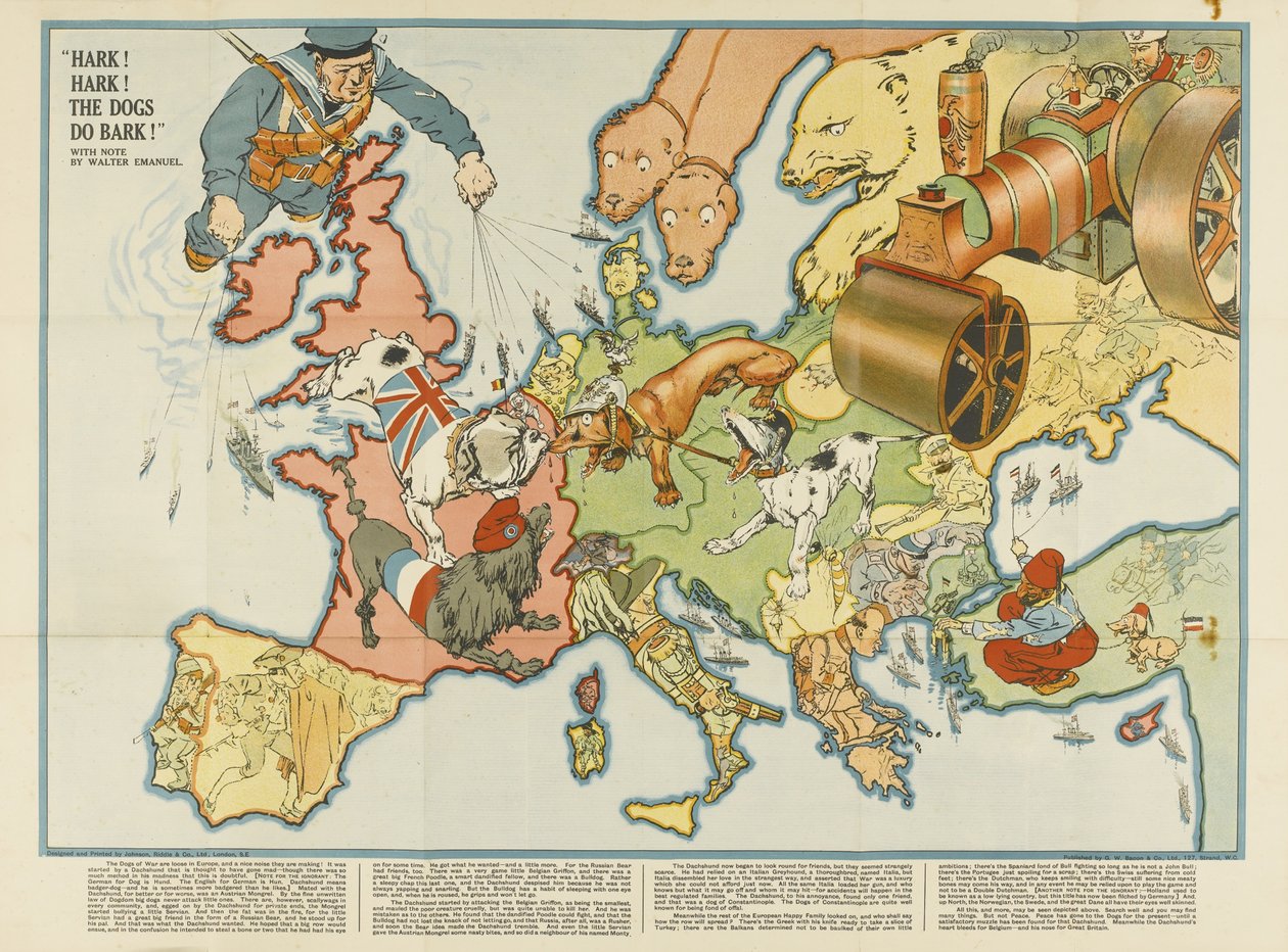 Hark! Hark! De honden blaffen! Europese satirische kaart door Unbekannt
